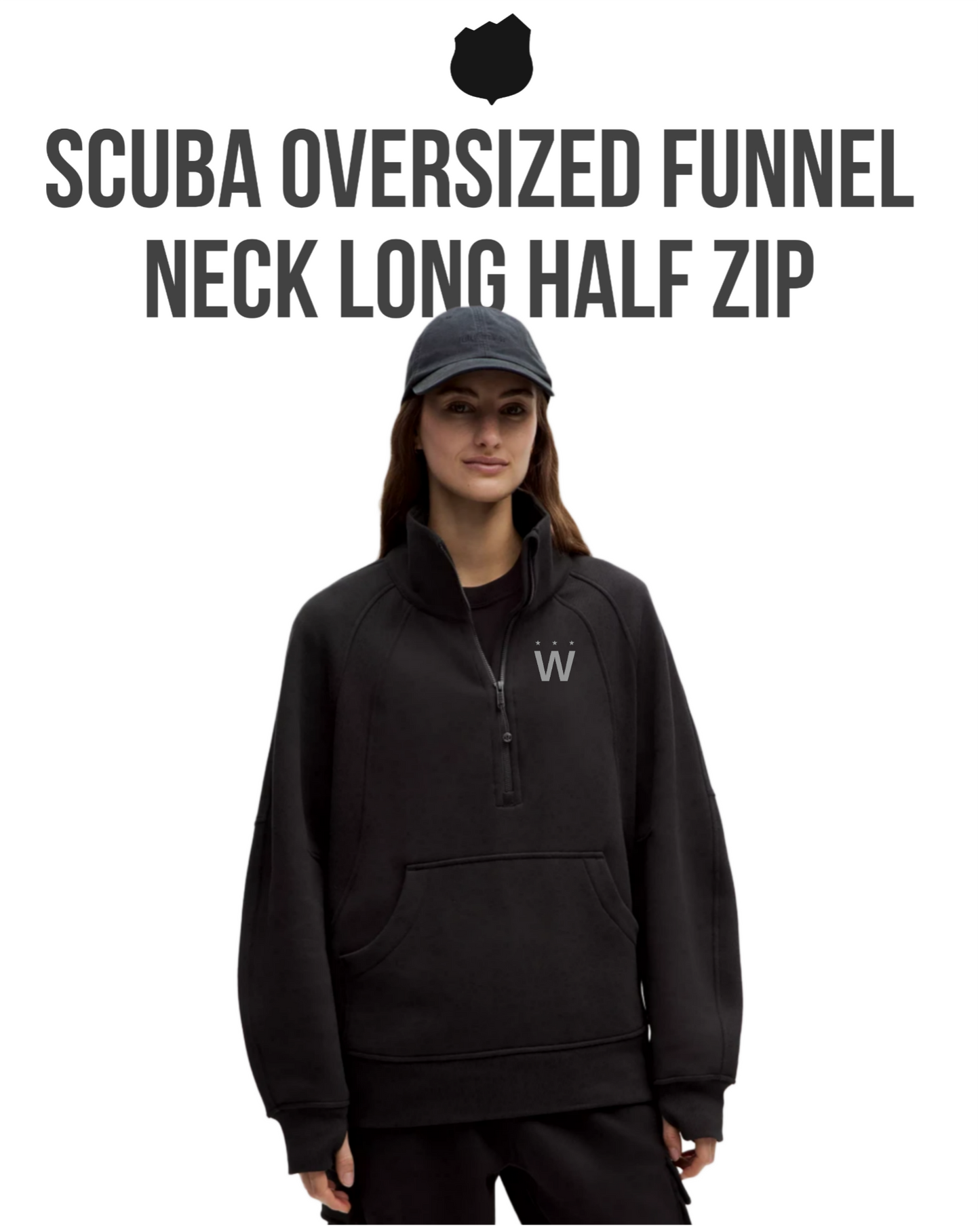 Person wearing a black Scuba oversized funnel neck long half zip sweatshirt on a white background