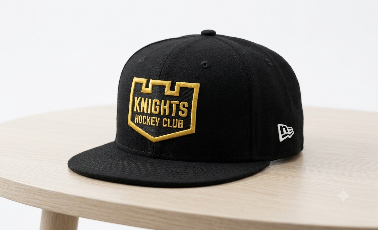 A black flat-brim New Era snapback cap featuring a gold and black Knights Hockey Club shield patch on the front, displayed on a light wood table against a white background.