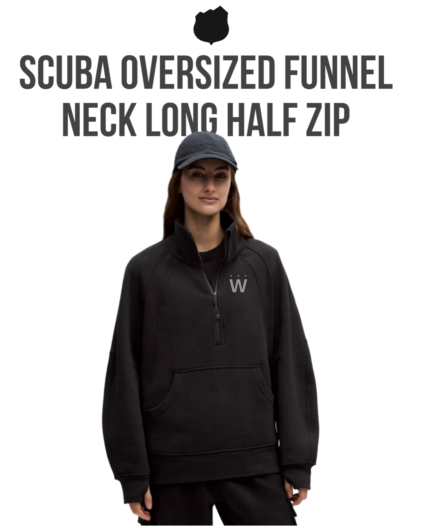 Person wearing a black Scuba oversized funnel neck long half zip sweatshirt on a white background