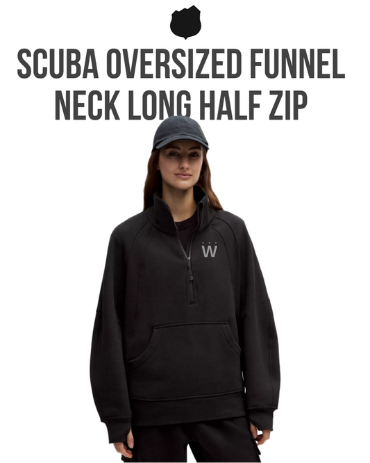 Person wearing a black Scuba oversized funnel neck long half zip sweatshirt on a white background